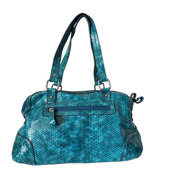 Teal Faux Snake Skin Handbag With Polished Silver Hardware & Dual Top Handles - Picture 4 of 12